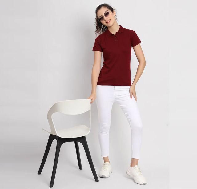 Maroon Cotton Blend Polo Neck Tshirt