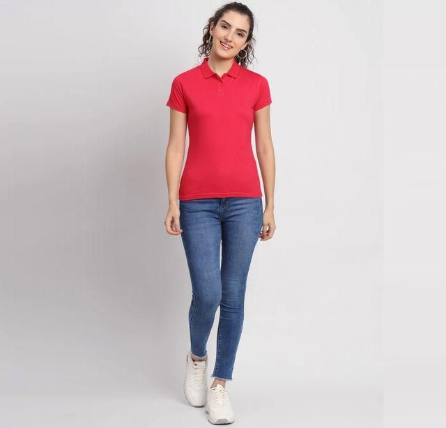 Red Cotton Blend Polo Neck Tshirt