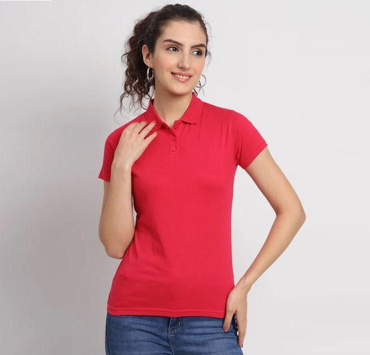 Red Cotton Blend Polo Neck Tshirt